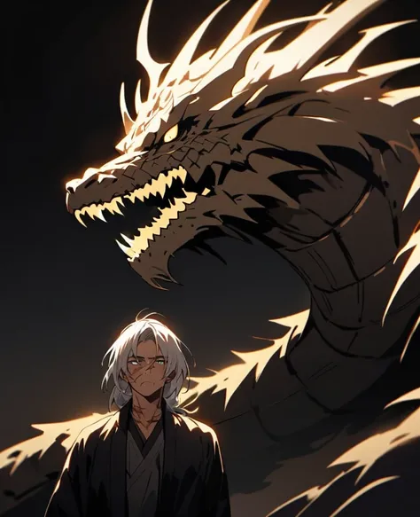 Human with long silver hair has scars on his face and has a good jaw line with a shadow of a dragon , warm , dark background 