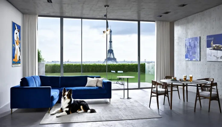 Describe a serene evening scene in a large living room with a floor-to-ceiling window, where the Eiffel Tower in Paris is visible. The room has a concrete wall and a concrete floor. A collie dog is present. The table has a beer on it. There is a cool poste...