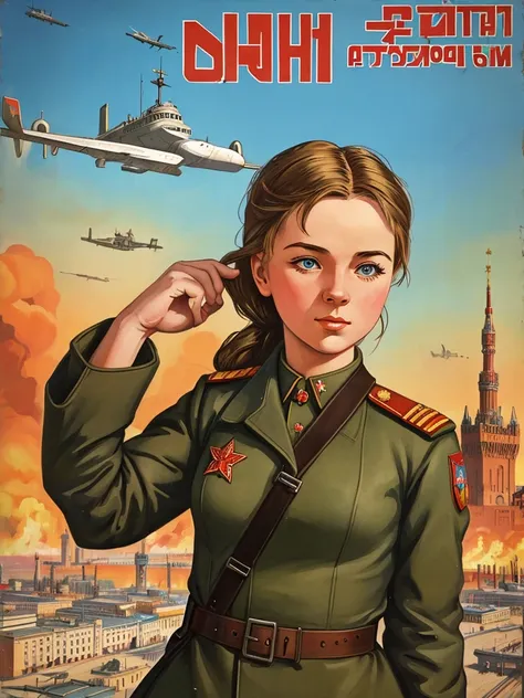 best quality,masterpiece,highly detailed,ultra-detailed, 1girl,cityscape, ussr soviet umion, propaganda, poster, army, beaurty r...