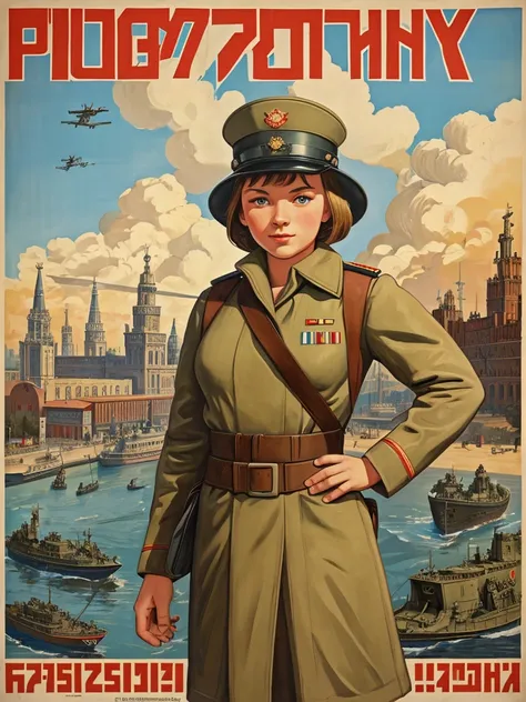 best quality,masterpiece,highly detailed,ultra-detailed, 1girl,cityscape, ussr soviet umion, propaganda, poster, army, beaurty Russian girl, Russian army uniform,realistic