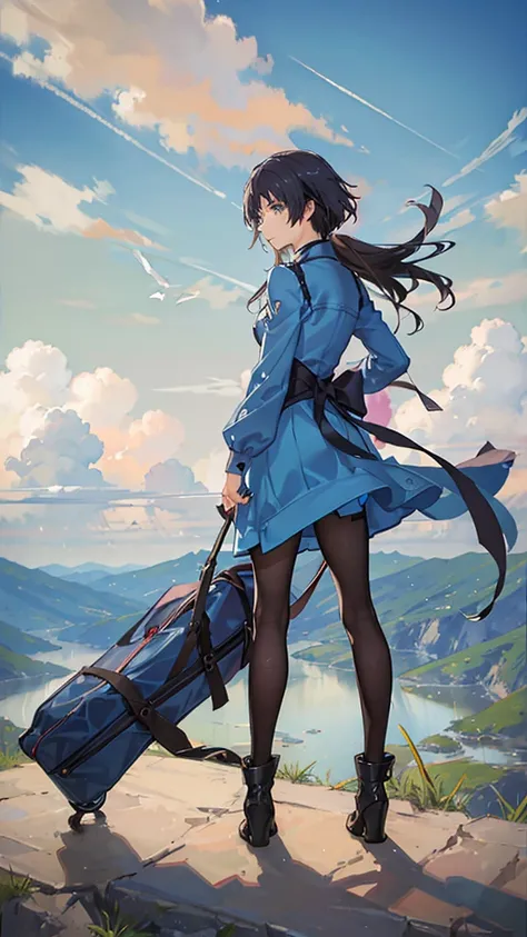 blue sky　A landscape with depth　cloud　Three-dimensional　In the distance, a small person is looking up at the sky　painful　universe　grow　anime　Shinkai Makoto