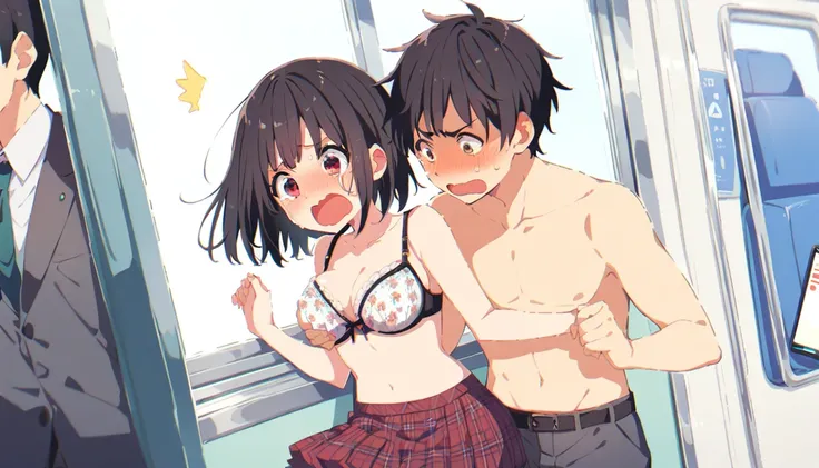 A naked middle-aged man is groping the breasts of a crying girl with black bob hair, erect nipples, pale pubic hair, a floral bra, floral panties and a checked skirt, who is feeling embarrassed and scared and resisting on a train.、whole body
