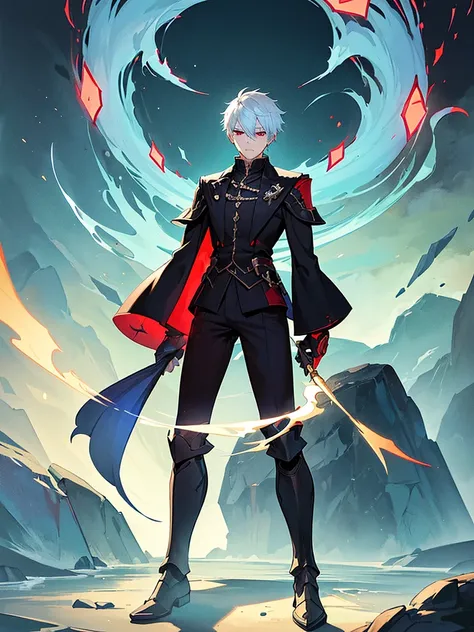 A front of a young man with short white hair, red eyes, masculine face. Wearing a black cloack with blue details. He is standing, looking to the side. On a center of a rpg scenario. Dungeons and Dragons art direction, studio ghibli Style