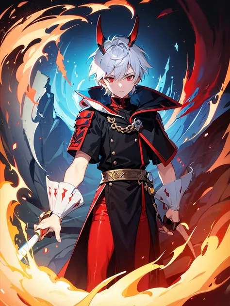 A front of a young man with short white hair, red eyes, masculine face. Wearing a black cloack with blue details. He is standing, looking to the side. On a center of a rpg scenario. Dungeons and Dragons art direction, studio ghibli Style