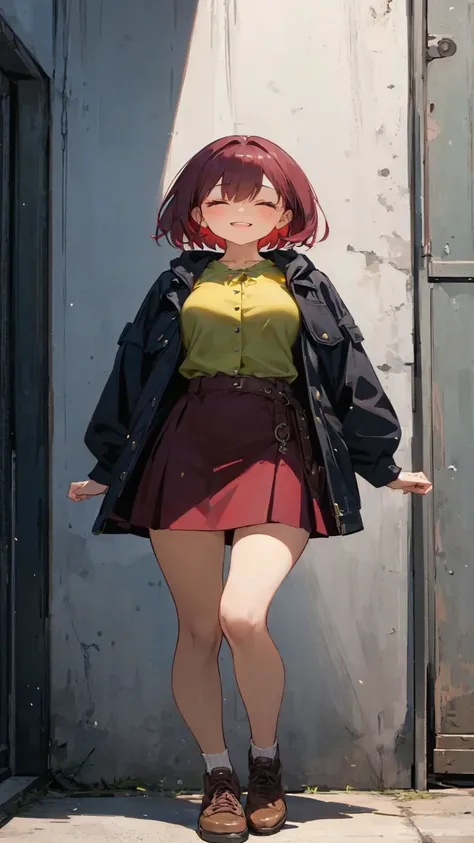 girl, burgundy short hair, ,closed eyes,slender body,small breasts,black hooded jacket,yellow green blouse,burgundy skirt,standing,facing viewer,contrapposto,full body, laughing