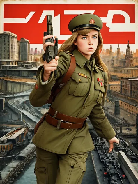 best quality,masterpiece,highly detailed,ultra-detailed, 1girl,cityscape, ussr soviet umion, propaganda, poster, army, beaurty Russian girl, Russian army uniform,realistic, angry face, fighting pose