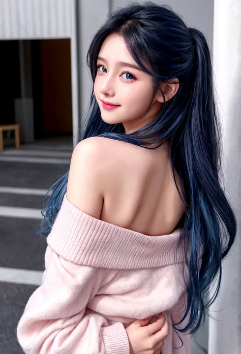 1 6 year old girl，，Child&#39;s large breasts，Back to camera，look back，Happy smile，Cute skin color，blue eyes，Blue Hair，curl、Semi-long hair，Flat Chest，Small breasts，Pretty pink lips，Wear an off-the-shoulder white shirt，A realistic illustration of her face，Re...