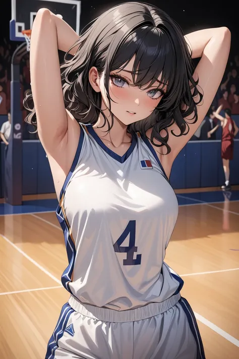 masterpiece,best quality,ultra detailed　,1girl　 ,black hair　 ,medium hair　 ,wavy hair  basketball uniform 
arms behind head