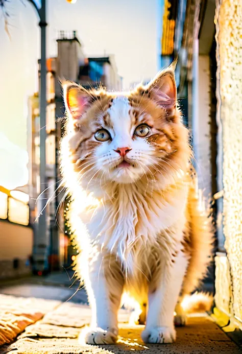 kitten, mid-pounce, fluffy fur catching sunlight, eyes wide with curiosity, juxtaposed against a sprawling urban backdrop, soft ...