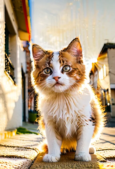 kitten, mid-pounce, fluffy fur catching sunlight, eyes wide with curiosity, juxtaposed against a sprawling urban backdrop, soft ...