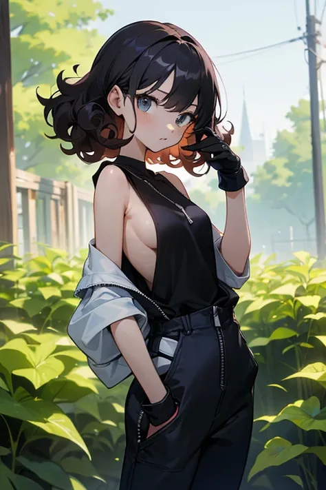 Slender beautiful girl、10th Generation、athlete、sleeveless Black T-shirt、Overalls、Off the shoulder、Gloves in hand、Curly Hair、Garden、Short stature、White sleeveless zip-up hoodie、Sideboob