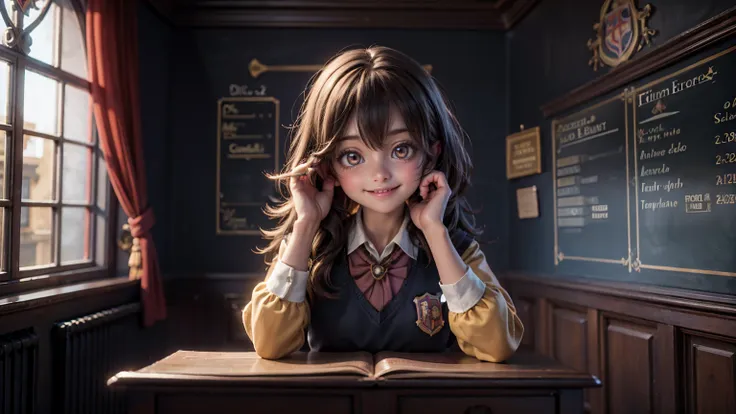 cute smiley bright face girl side psoe  pose in harry potter classroom, harry potter classroom view