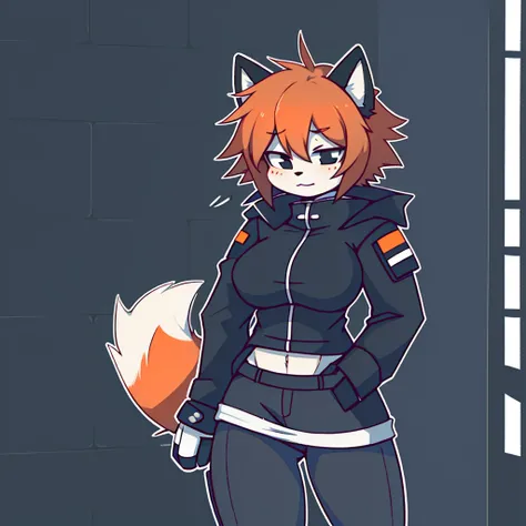 girl, red panda, furry, breasts, orange hair, disheveled, six pack, short hair, black eyes, black tights, gray winter jacket with details, alone
