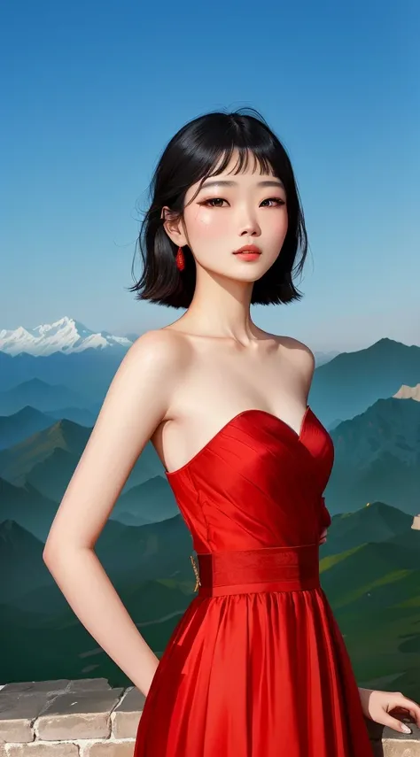 Arav woman in red dress standing on the wall，Mountains in the background, Chinese woman, Chinese Girl, Wearing red cheongsam, Beautiful Chinese model, Girl in a red skirt, Inspired by Ma Yuanyu, Xue Han, sha xi, lu ji, xintong chen, Cover photo: Portrait o...