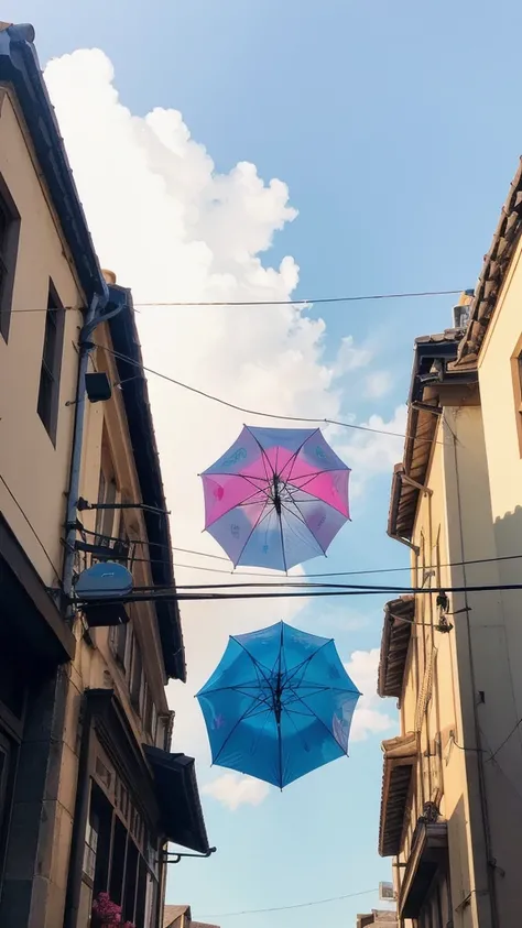 2.5D , Minimal deformation, 
Couple holding colorful umbrellas, Two people sharing one umbrella, Cute men and women, 
Opening an umbrella towards the audience, 無色Transparent full color, An umbrella open in front of your face, A couple is seen through the g...