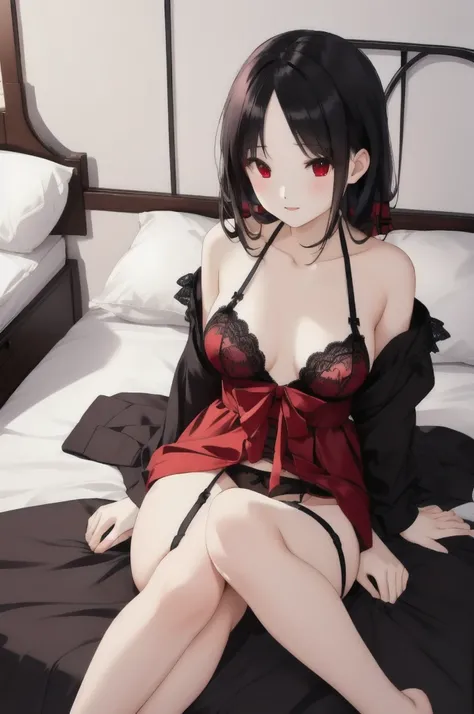 Black Hair、Red ribbon、Red eyes、In underwear、Small breasts、Small breasts、garter belt、Bedroom、On the bed、