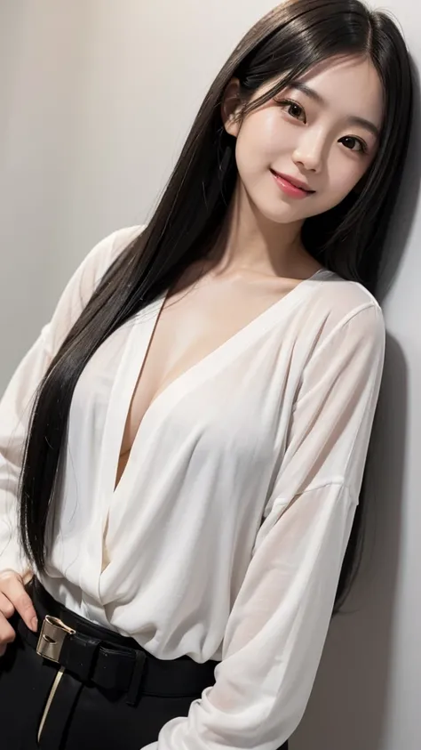 Elegant young Japanese woman, 25, with straight long black hair and dark brown eyes, smiling warmly, in a casual white shirt, captured from a 45-degree angle waist-up, on a plain white backdrop, with professional studio lighting, highlighting her stylish a...