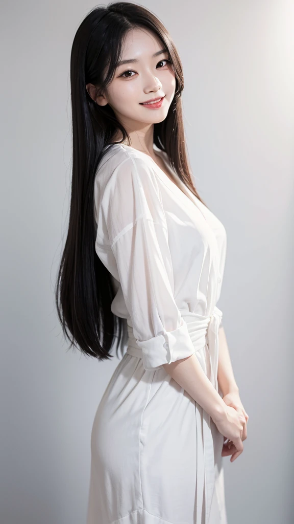 Elegant young Japanese woman, 25, with straight long black hair and dark brown eyes, smiling warmly, in a casual white shirt, captured from a 45-degree angle waist-up, on a plain white backdrop, with professional studio lighting, highlighting her stylish a...