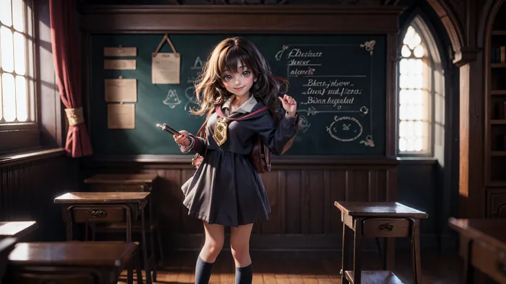 cute smiley bright face girl side standing  pose in harry potter classroom, 