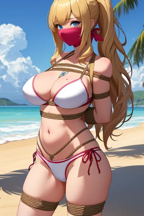 1 girl, detailed blue eyes, lange wimpern, detailed beautiful face, 4k quality, a Bit curly hair, (Long blonde hair:1.4), (arms behind back:1.6), gefesselte Arme, Red rope, (blushing:1.3), (Big breasts:1.6), (white Bikini, höschen mit seiten schnürung, 18 ...