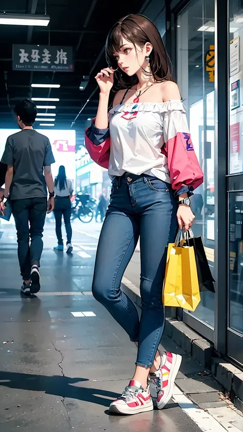 1 Female,profile,Whimpering,Watch your smartphone,Broken Heart, Long sleeve off-shoulder shirt, jeans, sneakers, Brown hair and bangs, Earrings, Choosing clothes,shopping,In town、