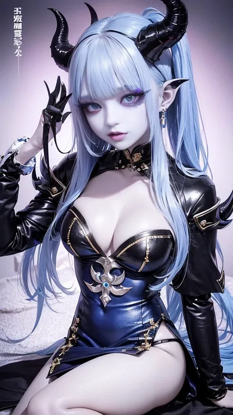 1woman, blue skin, colored skin,lumpy spiked skin,demon girl, black horns,long hair, silver hair, golden eyes,black jewel on center of chest, armor with protrusions, (jirai kei makeup:1.5)