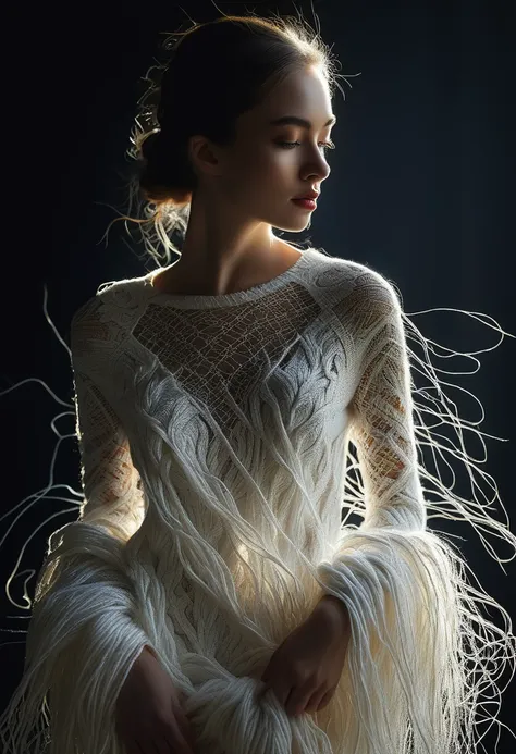 Female Model，Dark background，Backlight,Long white yarn，Michal Katz Style，Ultra-fine details，photography,4K