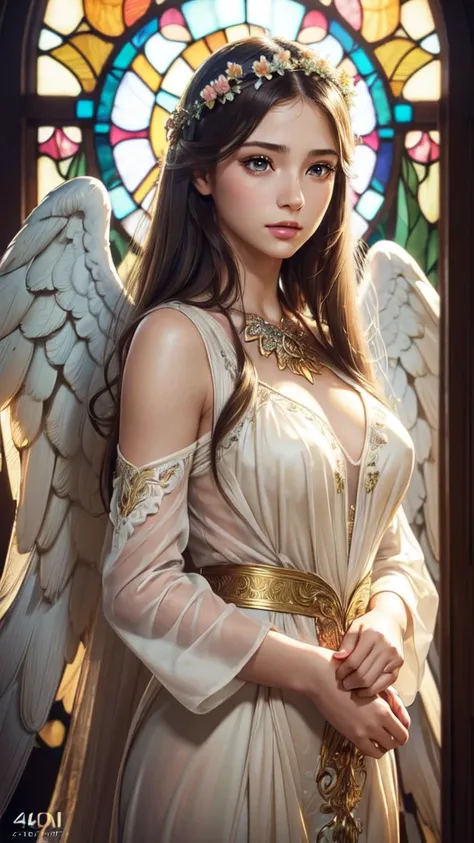 beautiful detailed eyes, beautiful detailed lips, extremely detailed eyes and face, long eyelashes, 1 girl, gradient hair, frontal face, wallpaper, determined expression, (large open angel wings:1.1), Alphonse Mucha style, complex floral background, vivid ...