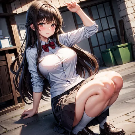 long dark hair / big tits / brown eyes/ lifts up her skirt, sweet innocent face, embarrassment 