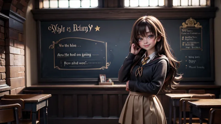 cute smiley full  bright face girl side standing pose in harry potter classroom, 