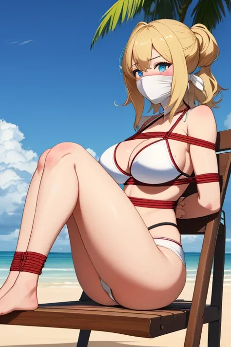 1 girl, detailed blue eyes, lange wimpern, detailed beautiful face, 4k quality, a Bit curly hair, (Long blonde hair:1.4), (arms behind back:1.6), gefesselte Arme, Red rope, (blushing:1.3), (Big breasts:1.6), (white Bikini, höschen mit seiten schnürung, 18 ...