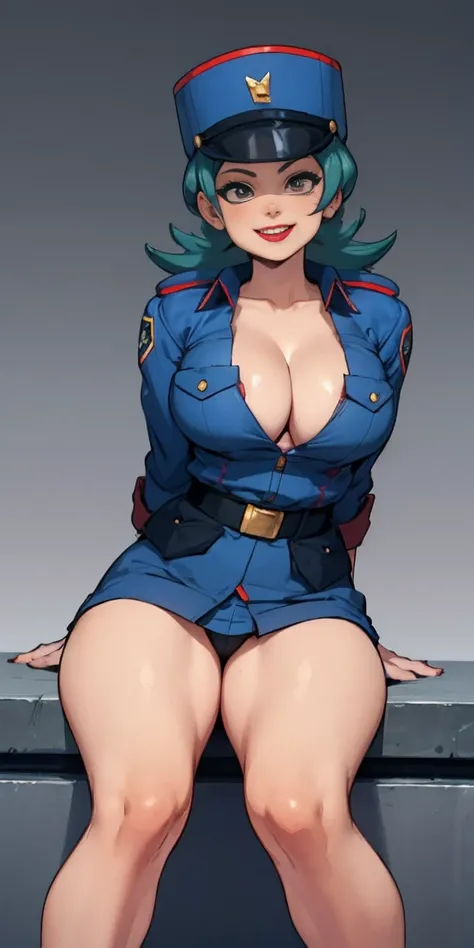 HD Cutscene of Jenny-pokemon, goregous police woman, sitting, perfect legs, ((arms behind back)), unbutton shirt, busty, her naked breasts spilling out, colossal cleavage, bulging breasts, lipstick, smiling, police cap, ((plain background:1.3))