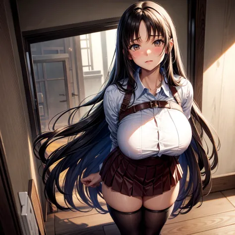 long dark hair / big tits / brown eyes/ lifts up her skirt, sweet innocent face, embarrassment 