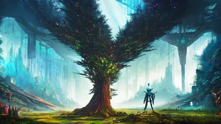 8K, Alien wearing a top hat and smoking a cigarette, Hyper, cyber punk, Made from ruins, Skyscraper, Taipei City, Painting of a tree with a bridge, Fantasy valley with trees, Highly detailed fantasy, Fantasy Tree, Colorful detailed dreamscape, Cosmic Tree ...