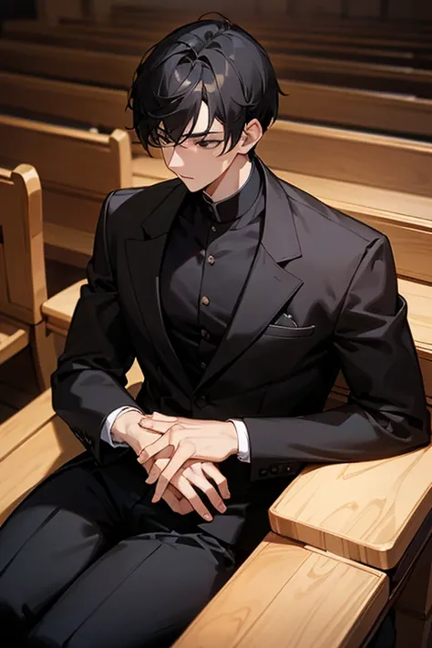 
Handsome young man, handsome, short black hair, black eyes, large body, black long-sleeved shirt. Black trousers, Christian church, sitting and praying 