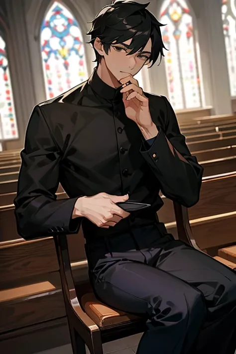 
Handsome young man, handsome, short black hair, black eyes, large body, black long-sleeved shirt. Black trousers, Christian church, sitting and praying 