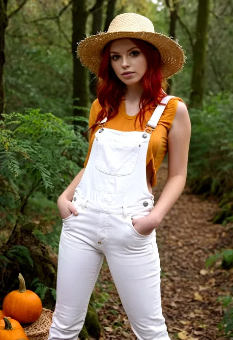 girl with red hair and white skin, wearing pumpkin colored denim overalls and a straw hat in a forest during fall
