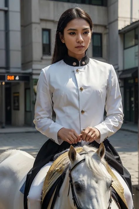 realism calicature 1.1),(detail:1.2)8k, Handsome men and beautiful Indonesian women are riding white horses , dressed in a black suit jacket , foto full HD, the best masterpiece, background in the middle of the city of the future 