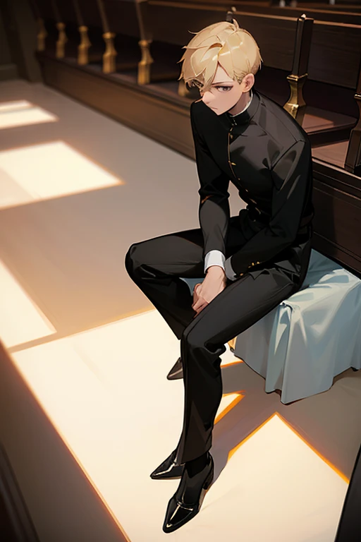 
Handsome young man, handsome, short blond hair, black eyes, tall, large, wearing a black long-sleeved shirt. black pants Cross ornament, Christian church, sitting and praying 