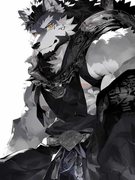 (dark skin的wolf),(black and white yin and yang general battle robe),(holding a long sword),strong stance,half squat,(背景是一个黑雾缭绕的c...