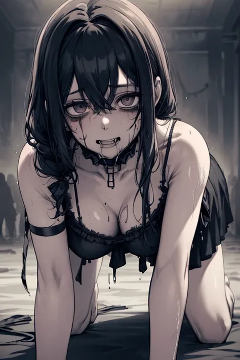 Best Quality, (Background Detail), Horde of Zombies Approaching, Curly Eyes, On All Fours, Full Length, Twintail, Drooling, Huge amount of drool from mouth, (Body covered in filth), Looking Down, (Underwear), High Contrast, Super Beautiful, Original Illust...