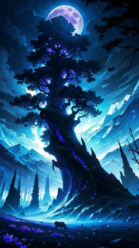 blue Moon，Light hits the tree，Dynamic Angle，Wide-angle，The sky is shining blue and purple，Fantasy，Fantasy，Eerie Darkness，Landscape painting