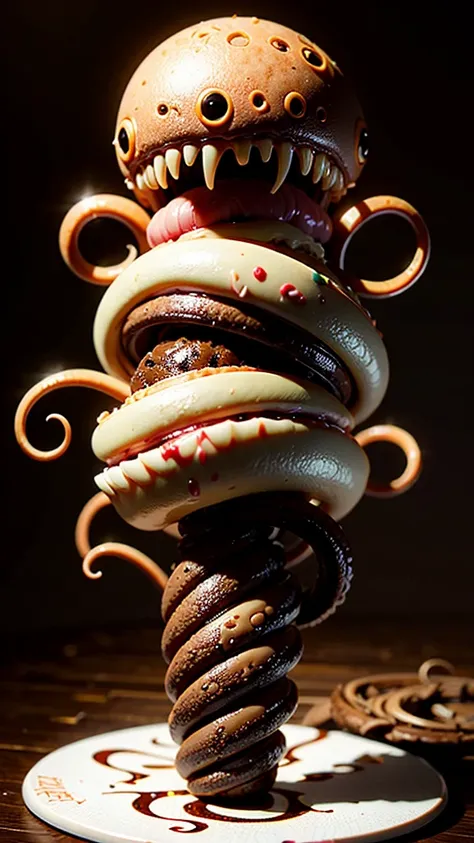 carnagestyle, an icecream with tentacles, laughing(brown:1.3), complex geometry, (masterpiece:1.2), high quality, best quality, ...