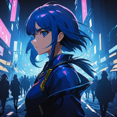 masterpiece digital art, high resolution, anime style, 4k wallpaper, head portrait of lucina walking down a neon-lit street, cyb...