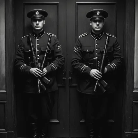 two soldiers, стоят справа и слева от двери, black uniform, rifles on the shoulder, guarding the door, office security, cinemasc...