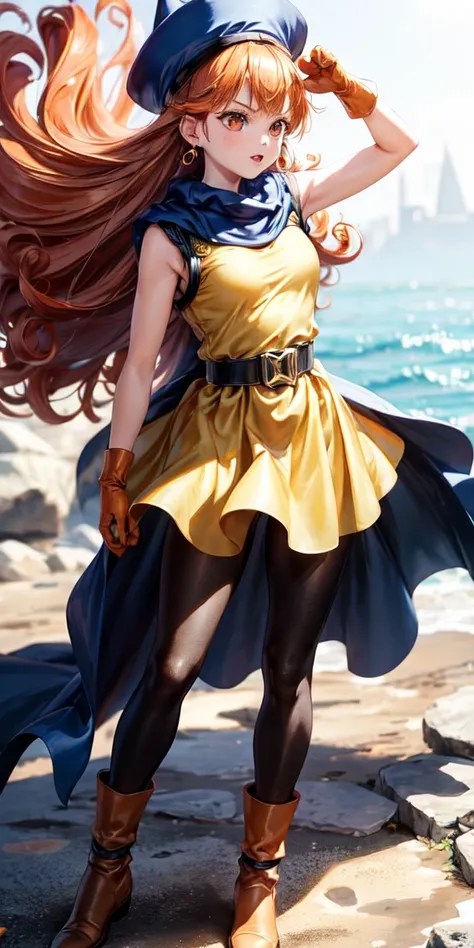 1girl,solo,dq4-alena,black pantyhose,blue cape,blue headwear,boots,curly hair,earrings,long hair,orange gloves,orange hair,red eyes,sleeveless,yellow dress,yellow skirt,dynamic pose,small breasts,(shiny,shiny dress:1.1)jumping,v-shaped eyebrows,fine weathe...