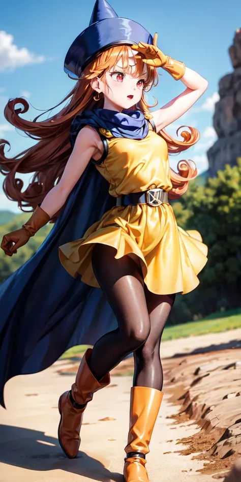 1girl,solo,dq4-alena,black pantyhose,blue cape,blue headwear,boots,curly hair,earrings,long hair,orange gloves,orange hair,red e...