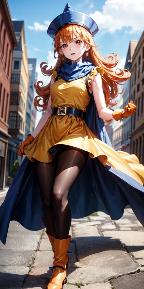 1girl,solo,dq4-alena,black pantyhose,blue cape,blue headwear,boots,curly hair,earrings,long hair,orange gloves,orange hair,red eyes,sleeveless,yellow dress,yellow skirt,dynamic pose,small breasts,(shiny,shiny dress:1.1)jumping,v-shaped eyebrows,fine weathe...