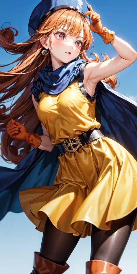 1girl,solo,dq4-alena,black pantyhose,blue cape,blue headwear,boots,curly hair,earrings,long hair,orange gloves,orange hair,red eyes,sleeveless,yellow dress,yellow skirt,dynamic pose,small breasts,(shiny,shiny dress:1.1)jumping,v-shaped eyebrows,fine weathe...