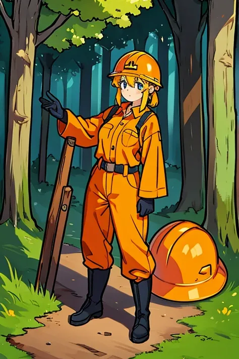 forestry、girl、in the forest、Orange workwear、Boots、gloves、logging、Long trousers、Helmet、Mulberry